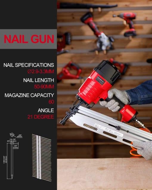 POWERSMART Framing Nailer, 2" to 3-1/2" Full Round Head Nail Gun, 21° Framing Nailer, 60 Nails Capacity Magazine Framing Nail Gun, Safety Goggles, Storage Case Included, PS6120