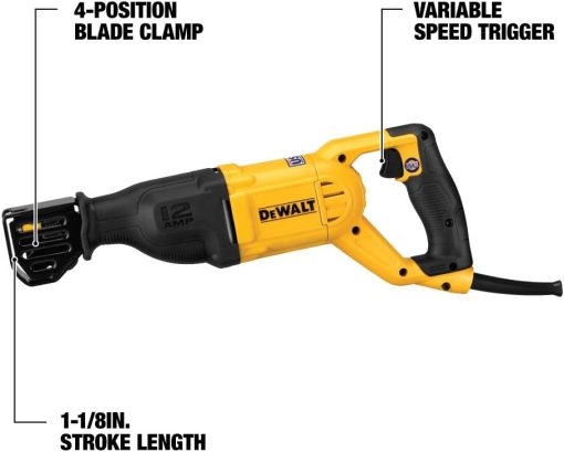 DEWALT Reciprocating Saw, 12 Amp, 2,900 RPM, 4-Position Blade Clamp, Variable Speed Trigger, Corded (DWE305)