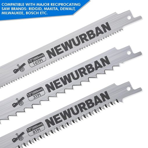 NEWURBAN 6 Pack Stainless Steel Reciprocating Saw Blades for Frozen Meat Bone Food Cutting 12 in (300mm) / 3TPI - 2 pcs / 8TPI - 2 pcs / 10TPI - 2 pcs