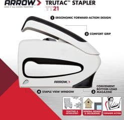 Arrow TT21 TruTac Forward Action Staple Gun, Manual Push Stapler for Upholstery, Crafts, Decorating, and Repairs, Fits JT21 Thin Wire Staples