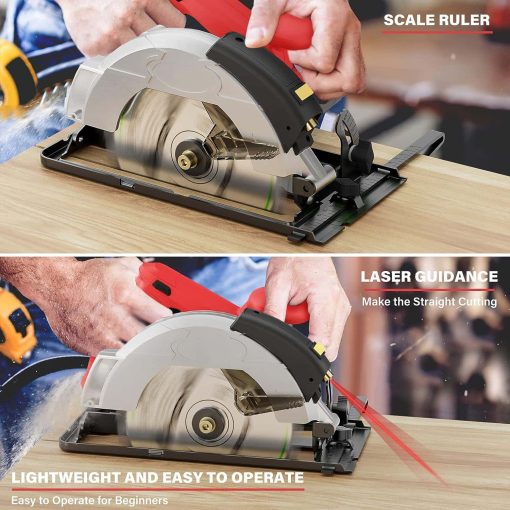 Circular Saw, Power Circular Saws with Laser Guide, 1500W 5500RPM Compact Circular Saw with 3 Saw Blades (24T+ 48T)7-1/4'', 0-45° Bevel Adjustment, Corded Electric Saw for Wood (RED)