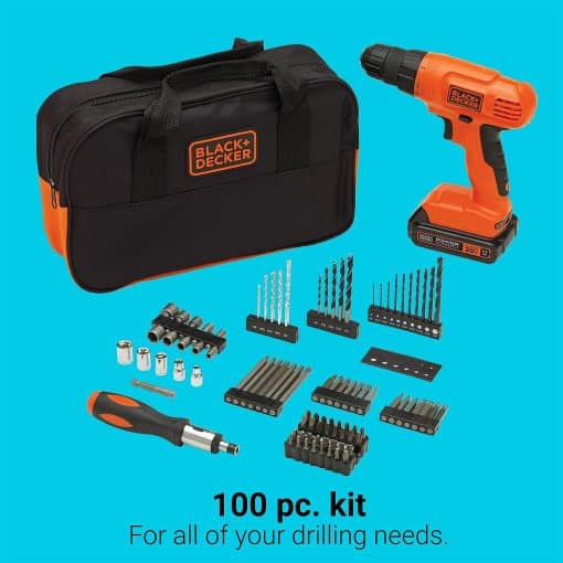 BLACK+DECKER 20V MAX* POWERCONNECT Cordless Drill Kit + 100 pc. Kit (BDC120VA100), Orange