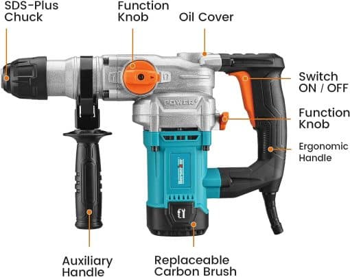 Berserker 1-1/8" SDS-Plus Rotary Hammer Drill with Safety Clutch,9 Amp 3 Functions Corded Rotomartillo for Concrete - Including 3 Drill Bits,Flat Chisel, Point Chisel,Carrying Case