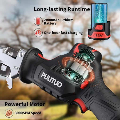 PULITUO Cordless Reciprocating Saw, 3000SPM Sawzall Cordless with Clamping Jaw, 2000 mAh/ 1-Hour Fast Charge,Safety Gloves& Goggles, 4Pcs of Saw Blades for Wood/Metal/PVC