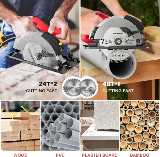 Circular Saw, Power Circular Saws with Laser Guide, 1500W 5500RPM Compact Circular Saw with 3 Saw Blades (24T+ 48T)7-1/4'', 0-45° Bevel Adjustment, Corded Electric Saw for Wood (RED)