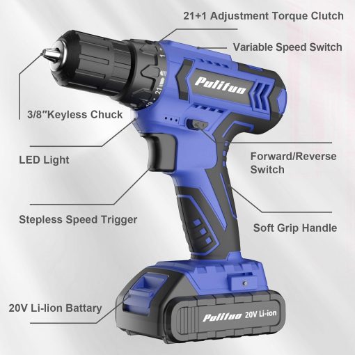 PULITUO Cordless Drill Set, 20V Electric Power Drill with Battery And Charger, Torque 30N, 21+1 Torque Setting, 2 Various Speed, with 43pcs Drill Driver Bits Kit, Screws Set, Dark Bule