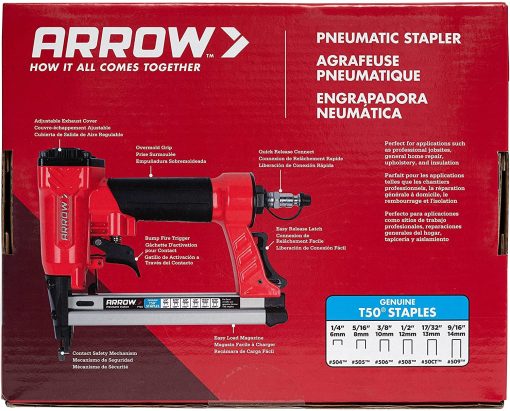 Arrow PT50 Oil-Free Pneumatic Staple Gun, Professional Heavy-Duty Stapler for Wood, Upholstery, Carpet, Wire Fencing, Fits 1/4”, 5/16”, 3/8", 1/2", 9/16” Staples , Red