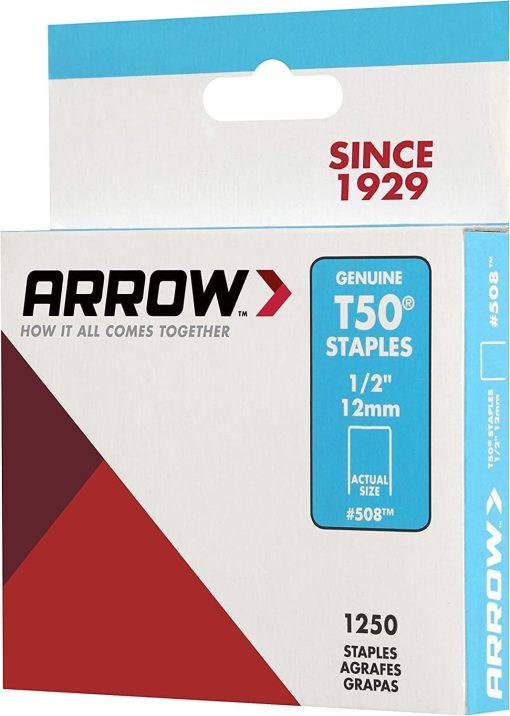 Arrow 508 Heavy Duty T50 1/2-Inch Leg Length, 3/8-Inch Crown, Staples for Upholstery, Construction, Furniture, Crafts, 1250 Count(Pack of 1)