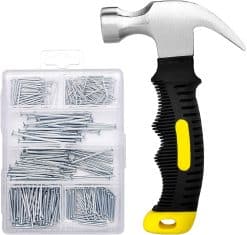 376pcs Hardware Nails Assortment Kit and 8oz Small Claw Hammer,Mini Hammer with Anti-Slip Handle,Nails for Hanging Pictures,Maximum Length 2 Inches Nails,Finishing Nails for Household and DIY