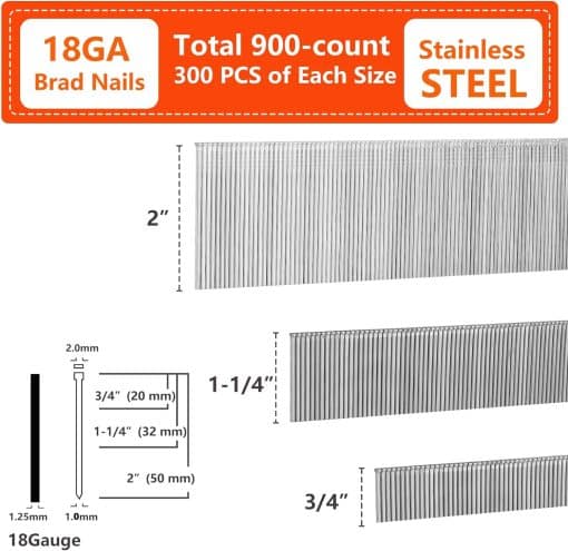 SITLDY 18 Gauge Stainless Steel 304 Brad Nails 900-Pack (3/4", 1-1/4", 2", 300 Pcs of Each Size), Assorted Size Project Pack, for Pneumatic, Electric Brad Nailers